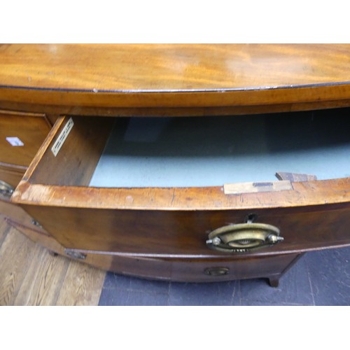 465 - A George III mahogany bow-front Chest of Drawers, with boxwood stringing and bracket feet, W: 108 x ... 