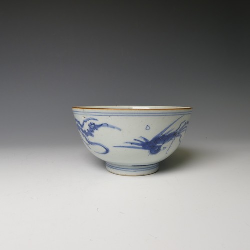 147 - An antique Chinese blue and white porcelain Bowl, with underglaze blue decoration of birds, with cha... 