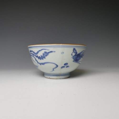 147 - An antique Chinese blue and white porcelain Bowl, with underglaze blue decoration of birds, with cha... 