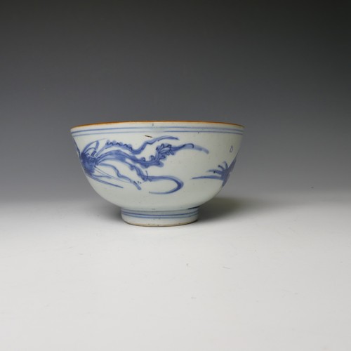 147 - An antique Chinese blue and white porcelain Bowl, with underglaze blue decoration of birds, with cha... 