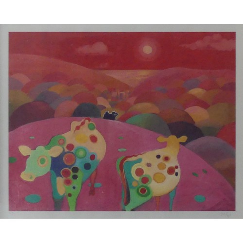 196 - Lawson E. Rudge (b. 1936), Cows in a Pink Landscape, print, 44cm x 55cm, overmounted, framed and gla... 