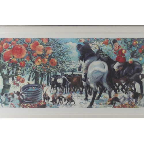 198 - Lawson E. Rudge (b. 1936), The Hunt and Hounds in an Orchard, print, 44cm x 30cm, overmounted, frame... 