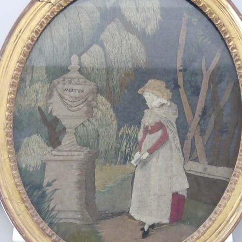 340 - A George III needlework oval picture, depicting Charlotte at the tomb of Werter, in oval giltwood fr... 