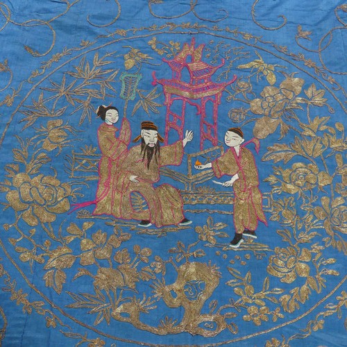 165 - Two early 20thC Chinese Silk Hangings: a green silk panel embroidered with figures in garden scene, ... 