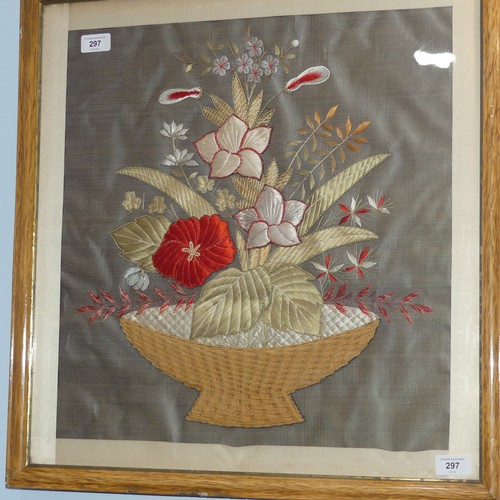 297 - A pair of silk embroidery Pictures, depicting baskets of flowers, 48cm x 46cm, framed (2)... 