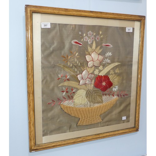 297 - A pair of silk embroidery Pictures, depicting baskets of flowers, 48cm x 46cm, framed (2)... 