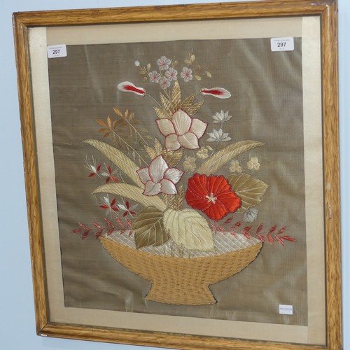 297 - A pair of silk embroidery Pictures, depicting baskets of flowers, 48cm x 46cm, framed (2)... 