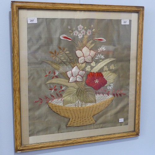 297 - A pair of silk embroidery Pictures, depicting baskets of flowers, 48cm x 46cm, framed (2)... 