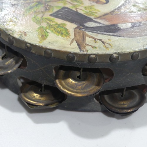 433 - A vintage wooden Tambourine, the skin painted with birds and nest of eggs, 23cm diameter.... 