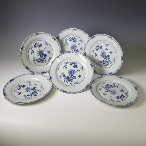 142 - A set of six antique Chinese blue and white Dinner Plates, with geometric border enclosing floral de... 