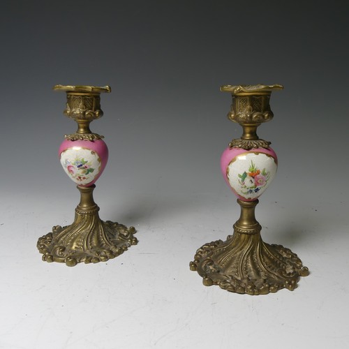 32 - A pair of Sevres style porcelain and gilt metal Candlesticks, decorated with floral panels, H 15cm, ... 