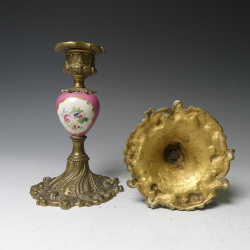 32 - A pair of Sevres style porcelain and gilt metal Candlesticks, decorated with floral panels, H 15cm, ... 