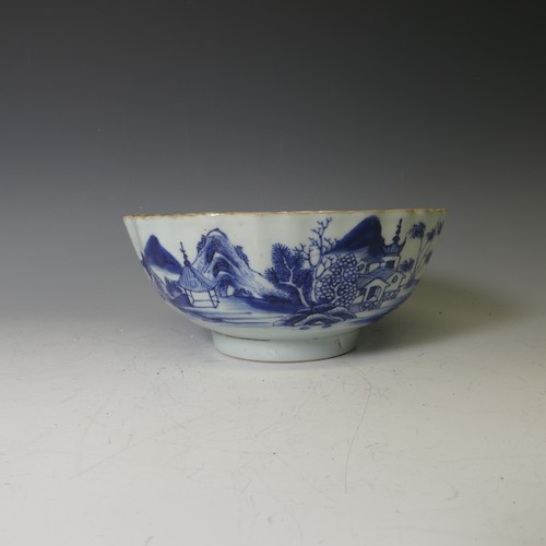 134 - An antique Chinese porcelain blue and white Bowl, with scalloped edge, depicting mountainous scenes,... 