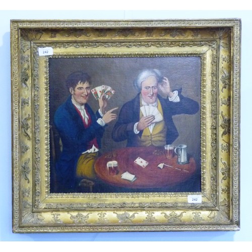 242 - 19thC Naive School, The card players, oil on canvas, 40cm x 44cm, framed