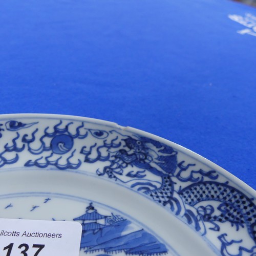 137 - A set of nine Chinese blue and white Dinner Plates, all decorated with riverside village landscape, ... 