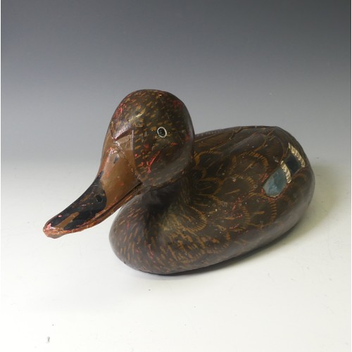 344 - A vintage carved and painted wooden Decoy Duck, modelled as a mallard, L 37cm, together with two oth... 