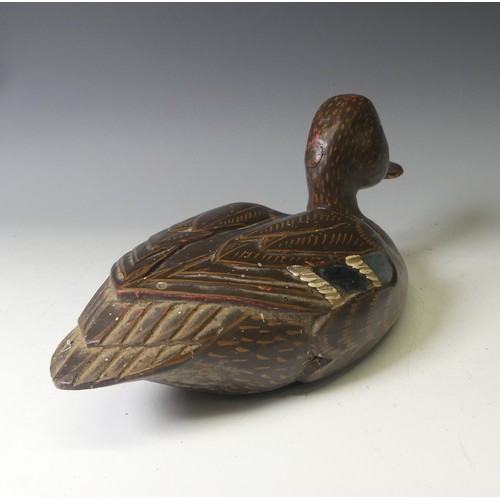 344 - A vintage carved and painted wooden Decoy Duck, modelled as a mallard, L 37cm, together with two oth... 