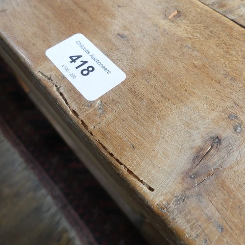 418 - An early 20thC cherrywood Farmhouse Kitchen Table, with single frieze drawer at each end, W 80cm x L... 