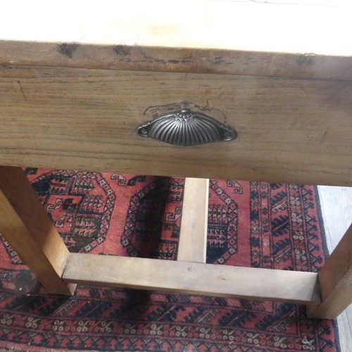 418 - An early 20thC cherrywood Farmhouse Kitchen Table, with single frieze drawer at each end, W 80cm x L... 