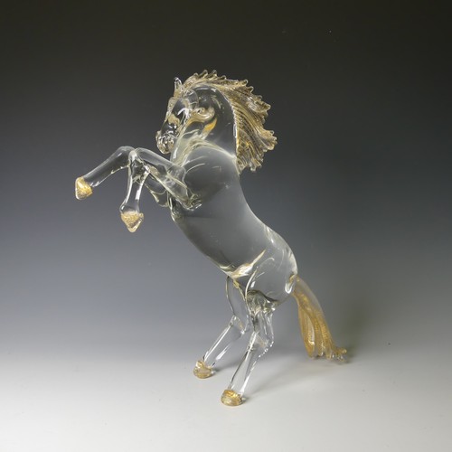 3 - A Foscari Murano clear glass sculpture of a Rearing Horse, modelled in clear glass with gold inclusi... 