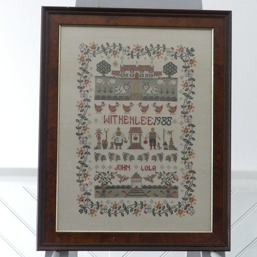 167 - A Cornish fish pie embroidery and a Modern sampler, dated 1988, together with two more embroidery pi... 