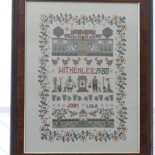 167 - A Cornish fish pie embroidery and a Modern sampler, dated 1988, together with two more embroidery pi... 