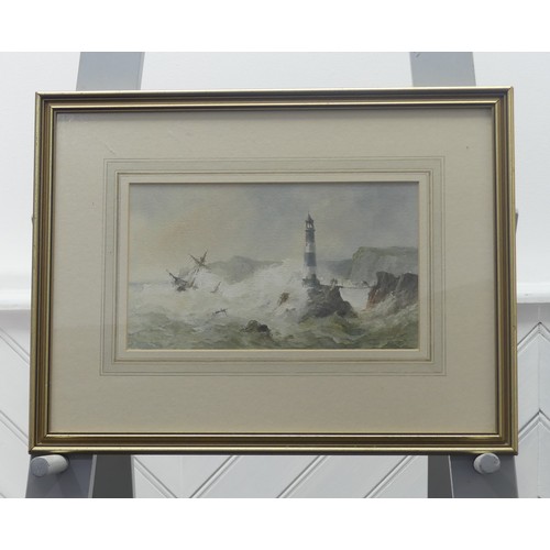 170 - Edward A. Swan (British, 20th century), Ship in stormy sea by a lighthouse, watercolour, signed with... 