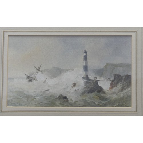 170 - Edward A. Swan (British, 20th century), Ship in stormy sea by a lighthouse, watercolour, signed with... 