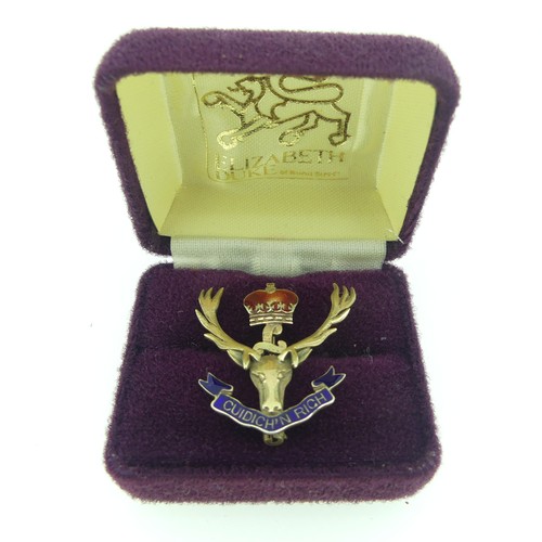 109 - A 9ct gold and enamel Regimental Crest Brooch, for the Seaforth Highlanders (Canada), 3.2cm long, 5.... 