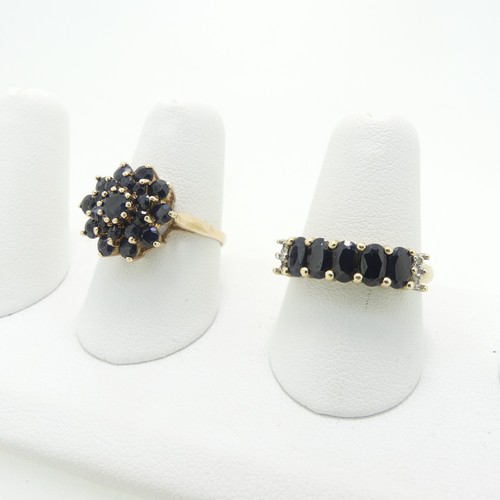 15 - A sapphire cluster Ring, mounted in 9ct yellow gold, Size O½,together with a five stone sapph... 