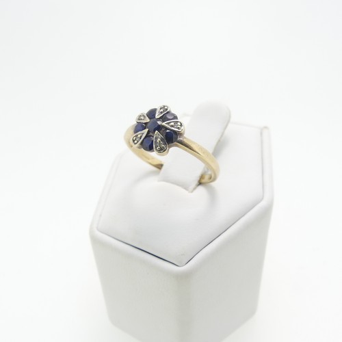 16 - A small sapphire and diamond cluster Ring, mounted in 9ct yellow gold, Size N, together with two oth... 