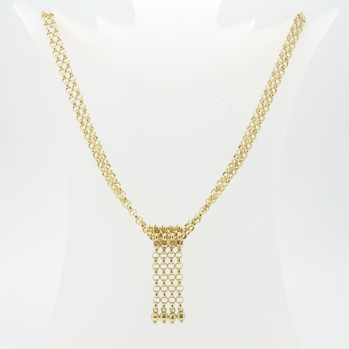 70 - A 9ct gold double circular link Necklace, the front with four row tassled drop, 42cm long, approx we... 