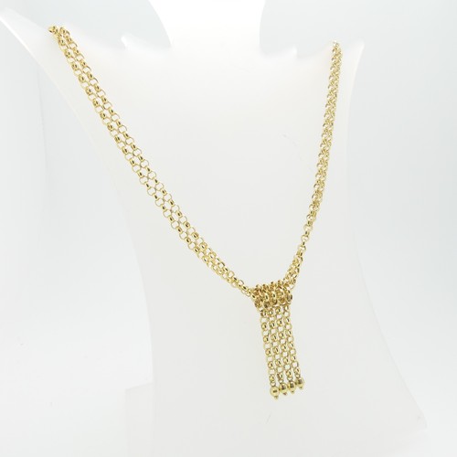 70 - A 9ct gold double circular link Necklace, the front with four row tassled drop, 42cm long, approx we... 