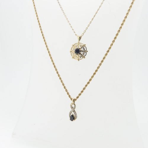 72 - A small sapphire and diamond Pendant, mounted in 9ct gold, 2cm long, on a 9ct gold ropetwist chain, ... 