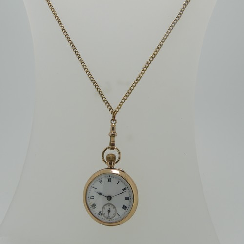 193 - A 9ct gold Fob Watch, with damaged white enamel dial and Roman Numerals, manual wind, the rear cover... 