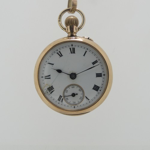 193 - A 9ct gold Fob Watch, with damaged white enamel dial and Roman Numerals, manual wind, the rear cover... 