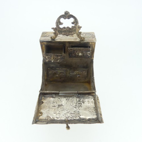 307 - A 19thC Dutch silver miniature Bureau, import marks for David Bridge, London, 1894, with hinged open... 