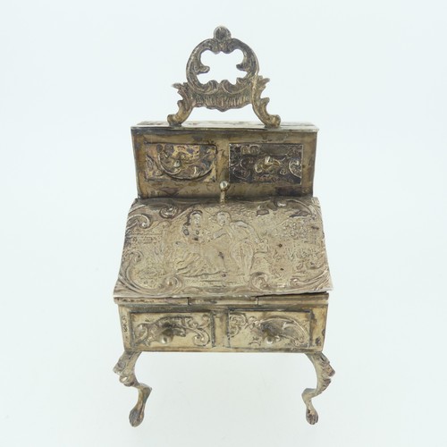 307 - A 19thC Dutch silver miniature Bureau, import marks for David Bridge, London, 1894, with hinged open... 