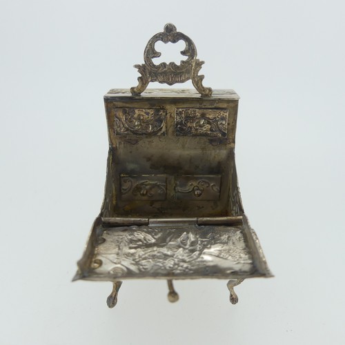 307 - A 19thC Dutch silver miniature Bureau, import marks for David Bridge, London, 1894, with hinged open... 