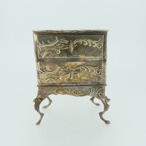 307 - A 19thC Dutch silver miniature Bureau, import marks for David Bridge, London, 1894, with hinged open... 