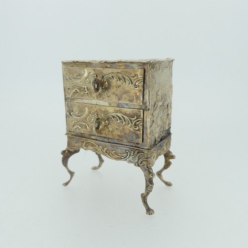 307 - A 19thC Dutch silver miniature Bureau, import marks for David Bridge, London, 1894, with hinged open... 