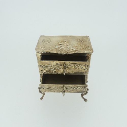 307 - A 19thC Dutch silver miniature Bureau, import marks for David Bridge, London, 1894, with hinged open... 