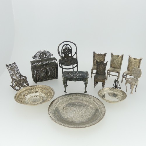 310 - A set of three Continental silver Chairs, with London hallmarks for 1903, 5cm high, together with a ... 