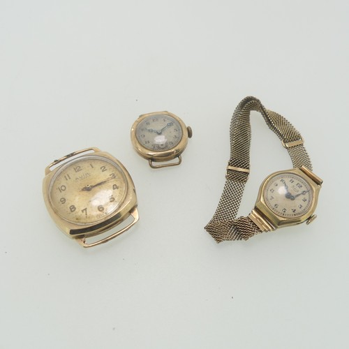 199 - Three 9ct gold Wristwatches, all with damaged movements and not running, one with mesh 9ct gold stra... 