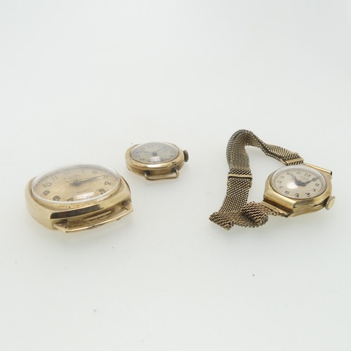 199 - Three 9ct gold Wristwatches, all with damaged movements and not running, one with mesh 9ct gold stra... 