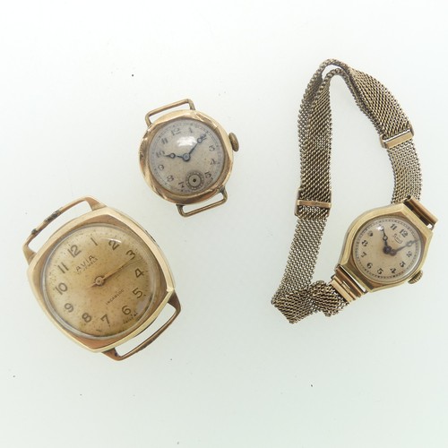 199 - Three 9ct gold Wristwatches, all with damaged movements and not running, one with mesh 9ct gold stra... 