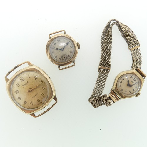 199 - Three 9ct gold Wristwatches, all with damaged movements and not running, one with mesh 9ct gold stra... 