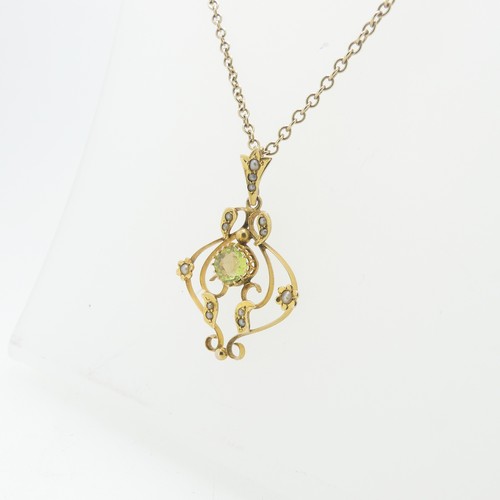 78 - An Edwardian peridot and seed pearl Pendant, in the Art Nouveau style, all mounted in 9ct yellow gol... 