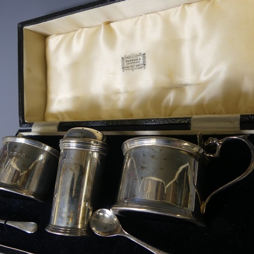 354 - A cased George V silver three piece Cruet Set, by Harrods Ltd., hallmarked London, 1934, of circular... 