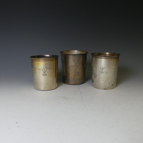 357 - A graduated stacking set of three early 19thC French silver Beakers, makers mark 'LJT' in a diamond ... 